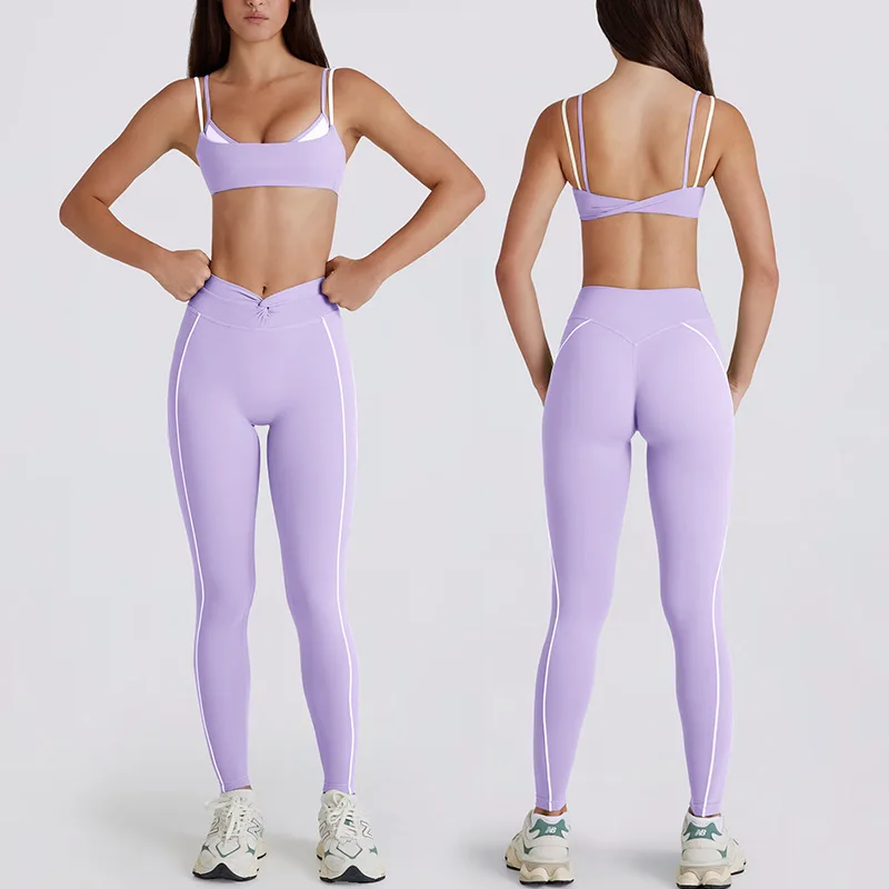 Women's Contrasting White Strips Sports Bra And Yoga Pants Set Kink Neck Design Fake Two-Piece Running Trousers And Shorts Combo