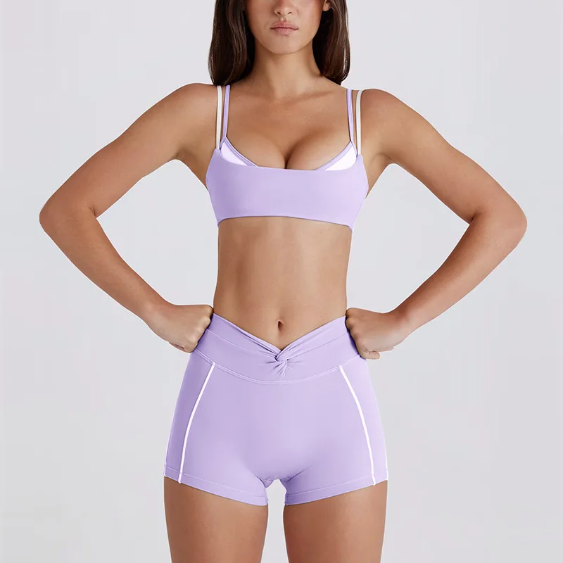 Women's Contrasting White Strips Sports Bra And Yoga Pants Set Kink Neck Design Fake Two-Piece Running Trousers And Shorts Combo - Image 3
