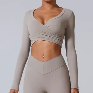 Fitted Long Sleeve Top – Cross-Layered Design, Deep V-Neck, Brushed Fabric for Yoga & Gym