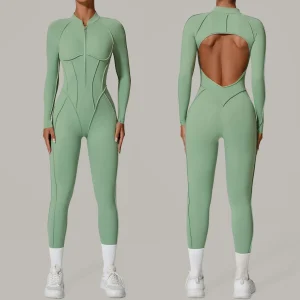 Half-Zip Long Sleeve Backless Yoga Bodysuit Women's Compression Fitness Outdoor Workout Suit