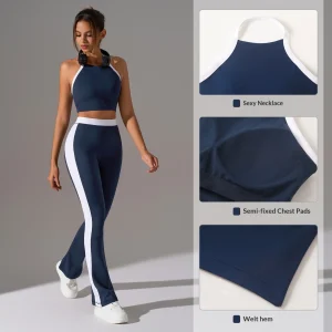 Women High Impact Yoga Set Halter Sports Bra with Tummy Control High Waist Flared Leggings Seamless Sculpting Fitness Outfit