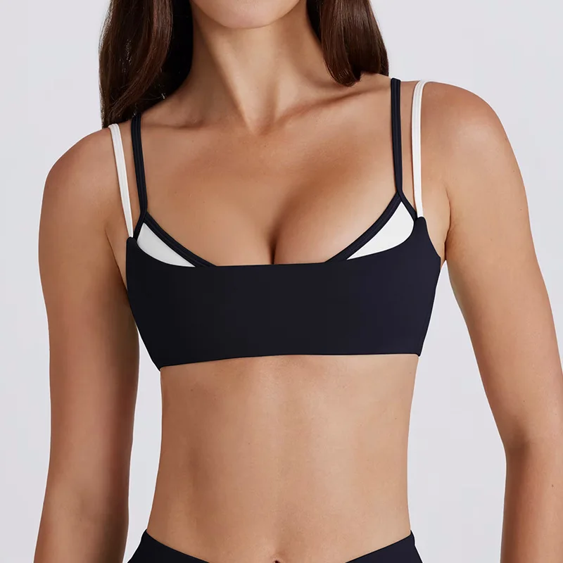 Women's Contrasting White Strips Sports Bra And Yoga Pants Set Kink Neck Design Fake Two-Piece Running Trousers And Shorts Combo - Image 5