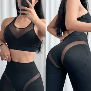 Women's Fitness Yoga Set Nude Mesh Splicing Bra with High-Waisted Leggings Cross-Border Fishing Net Design for Comfortable Wear