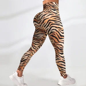 New Seamless Tiger Print Yoga Pants - High-Waist Peach Hip Support Running & Fitness Leggings for Women