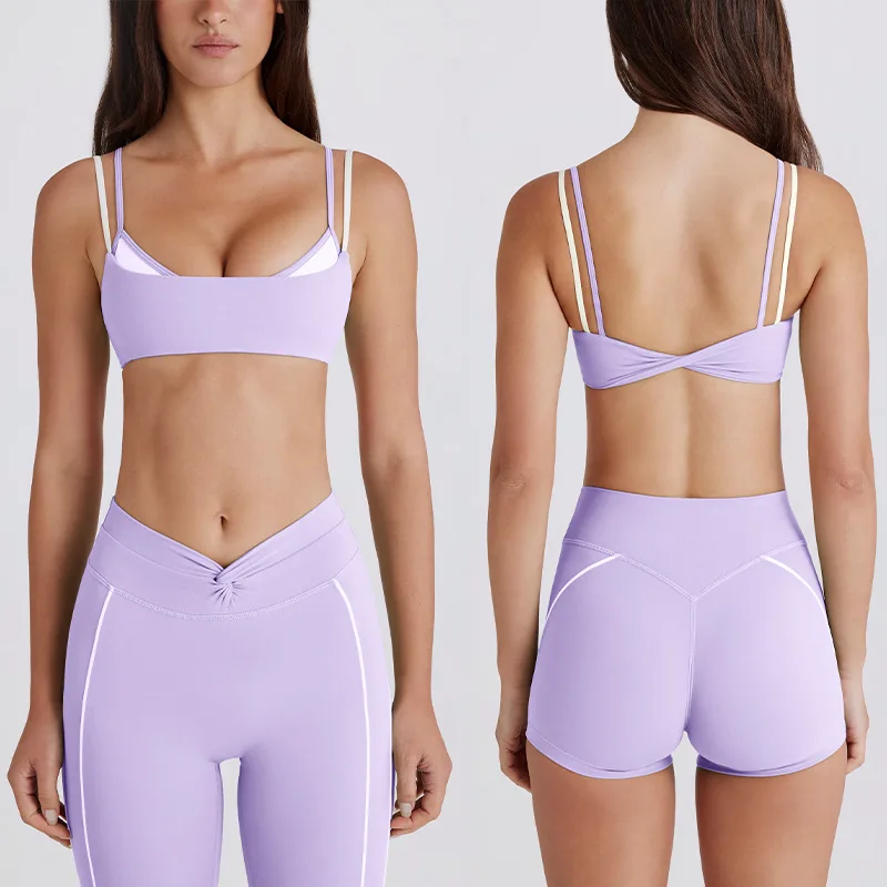 Women's Contrasting White Strips Sports Bra And Yoga Pants Set Kink Neck Design Fake Two-Piece Running Trousers And Shorts Combo - Image 2